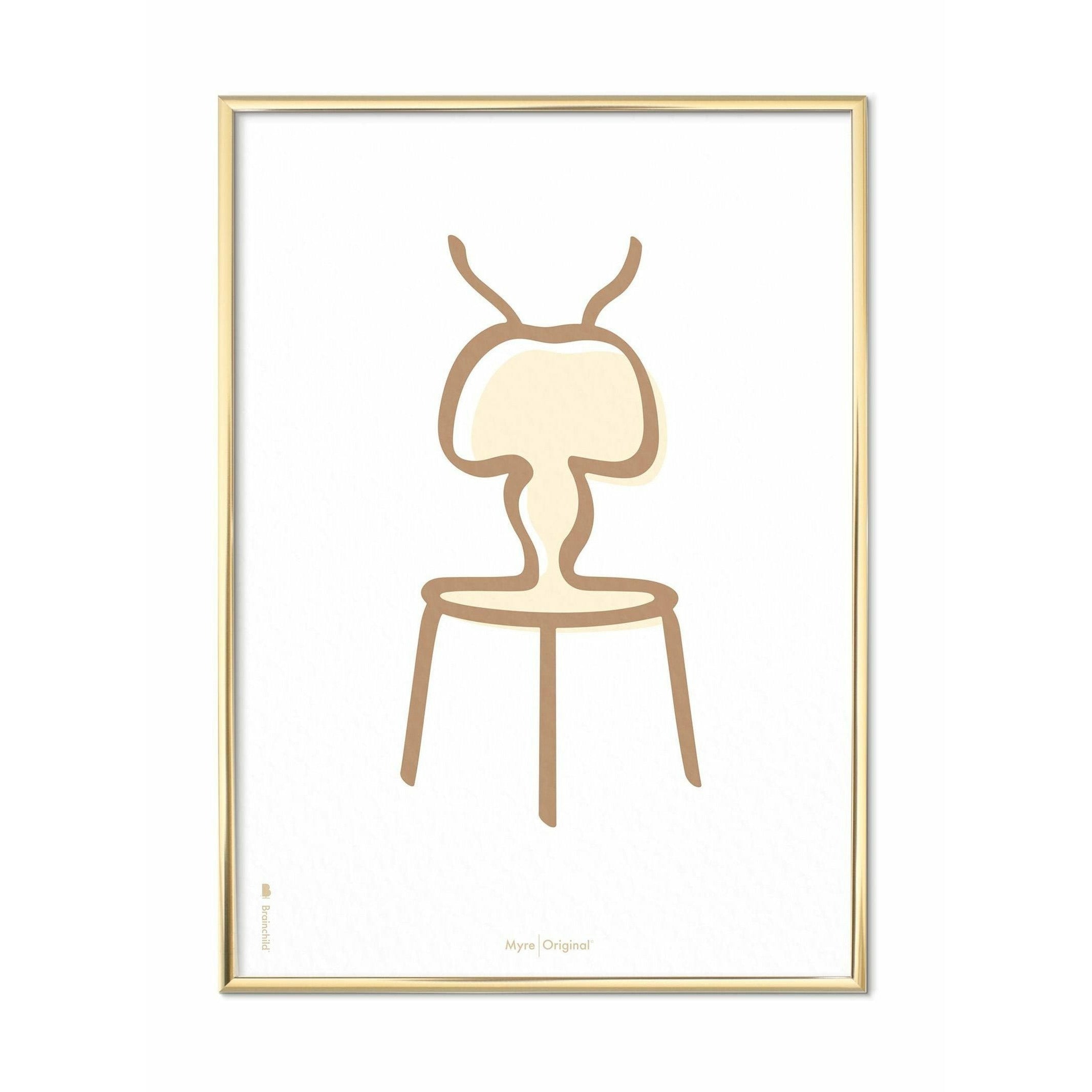 Brainchild Ant Line Poster, Brass Colored Frame A5, White Background