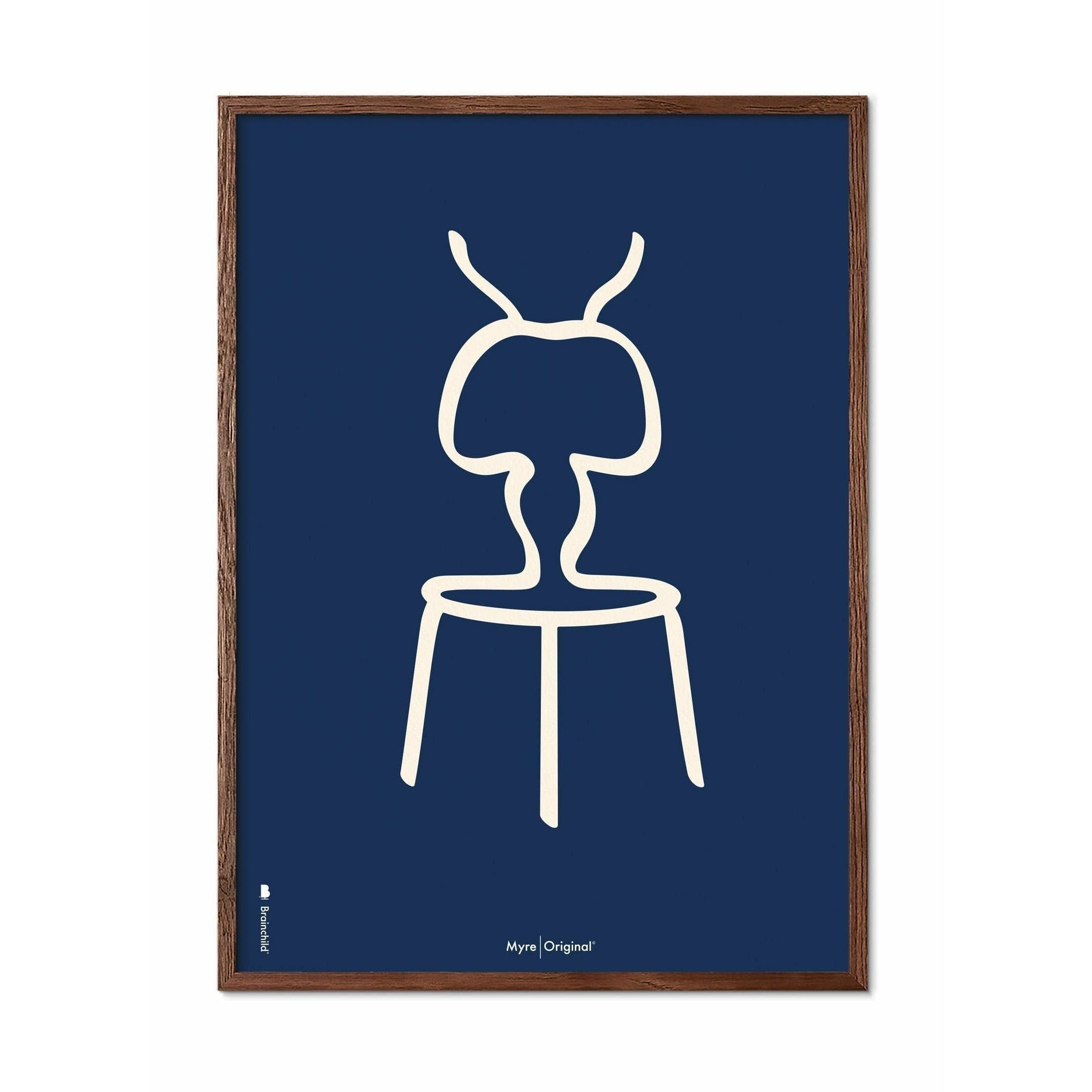 Brainchild Ant Line Poster, Frame Made Of Dark Wood 70x100 Cm, Blue Background