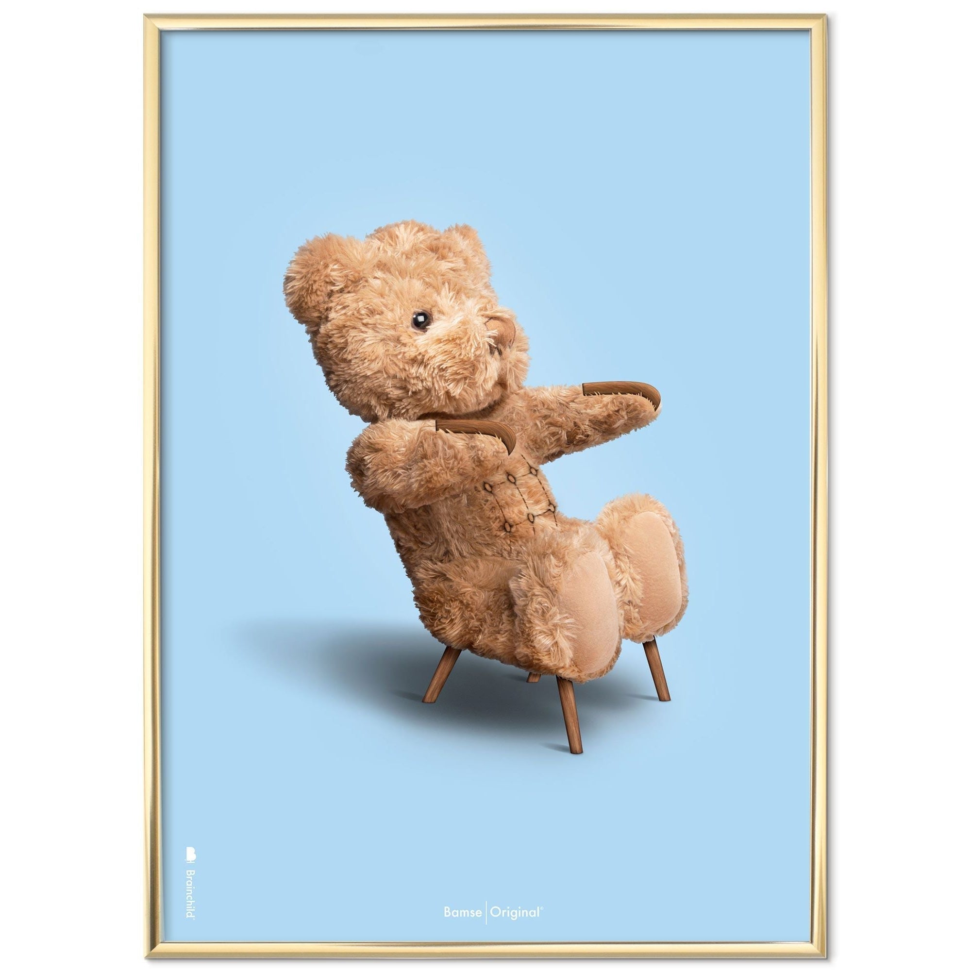 Brainchild Teddy Bear Classic plakát mosazný barevný rám 50x70 cm, světle modré pozadí