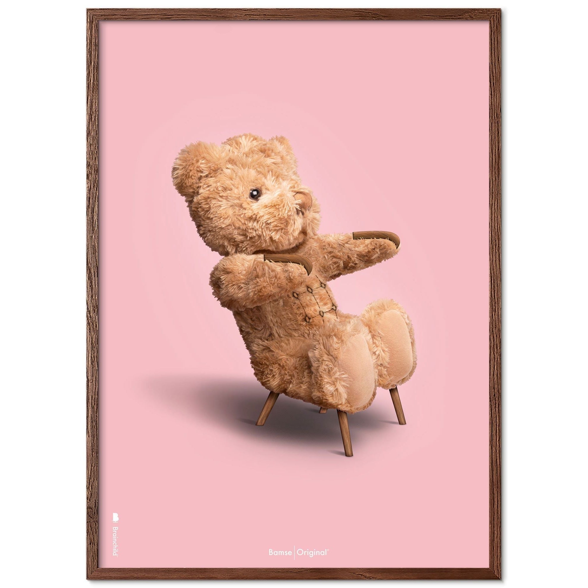 Klasický plakátový rámeček z mozku medvídka vyrobený z tmavého dřeva RAM 50x70 cm, růžové pozadí