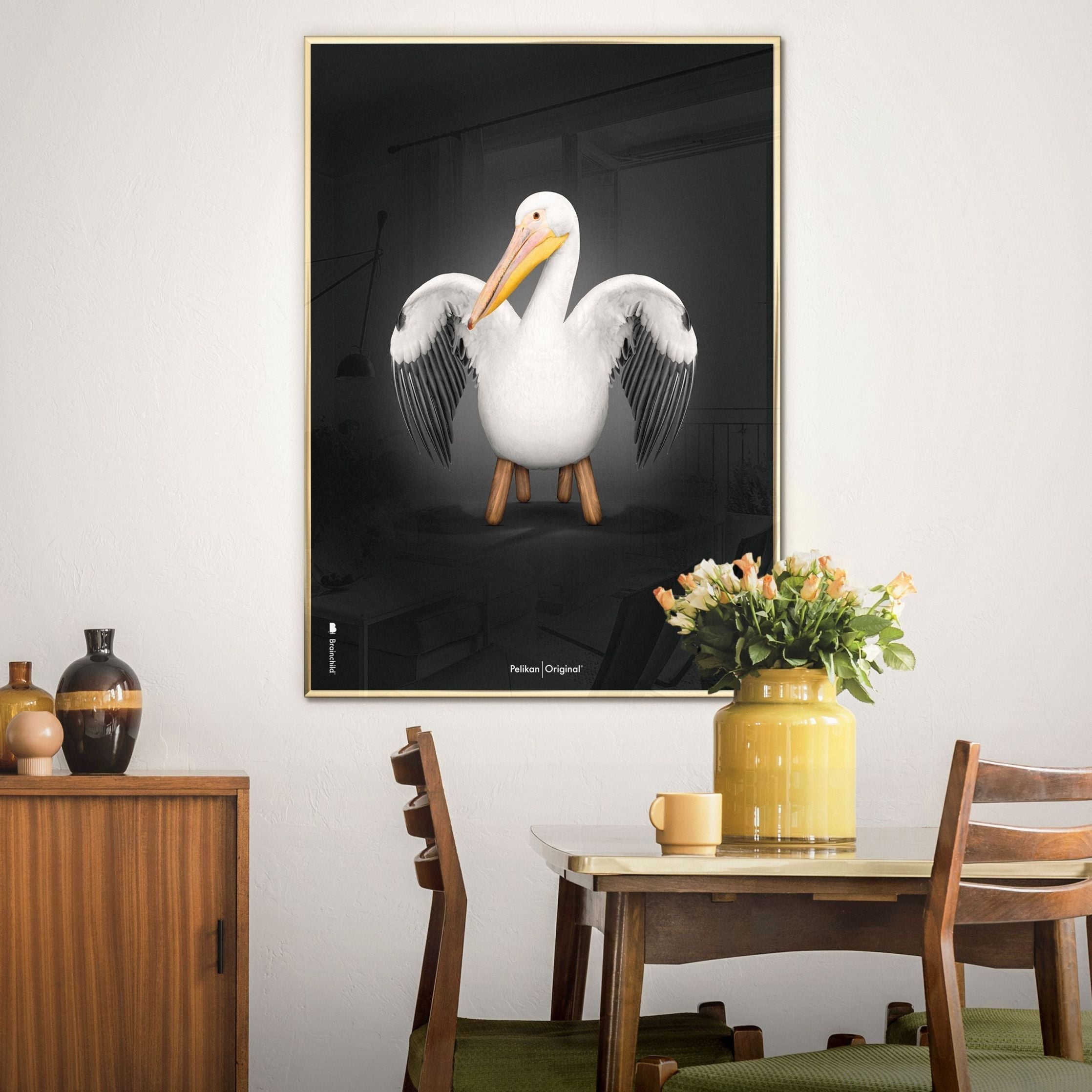 Klasický plakát mozkového pelikanu, mosazný barevný rám A5, černé pozadí