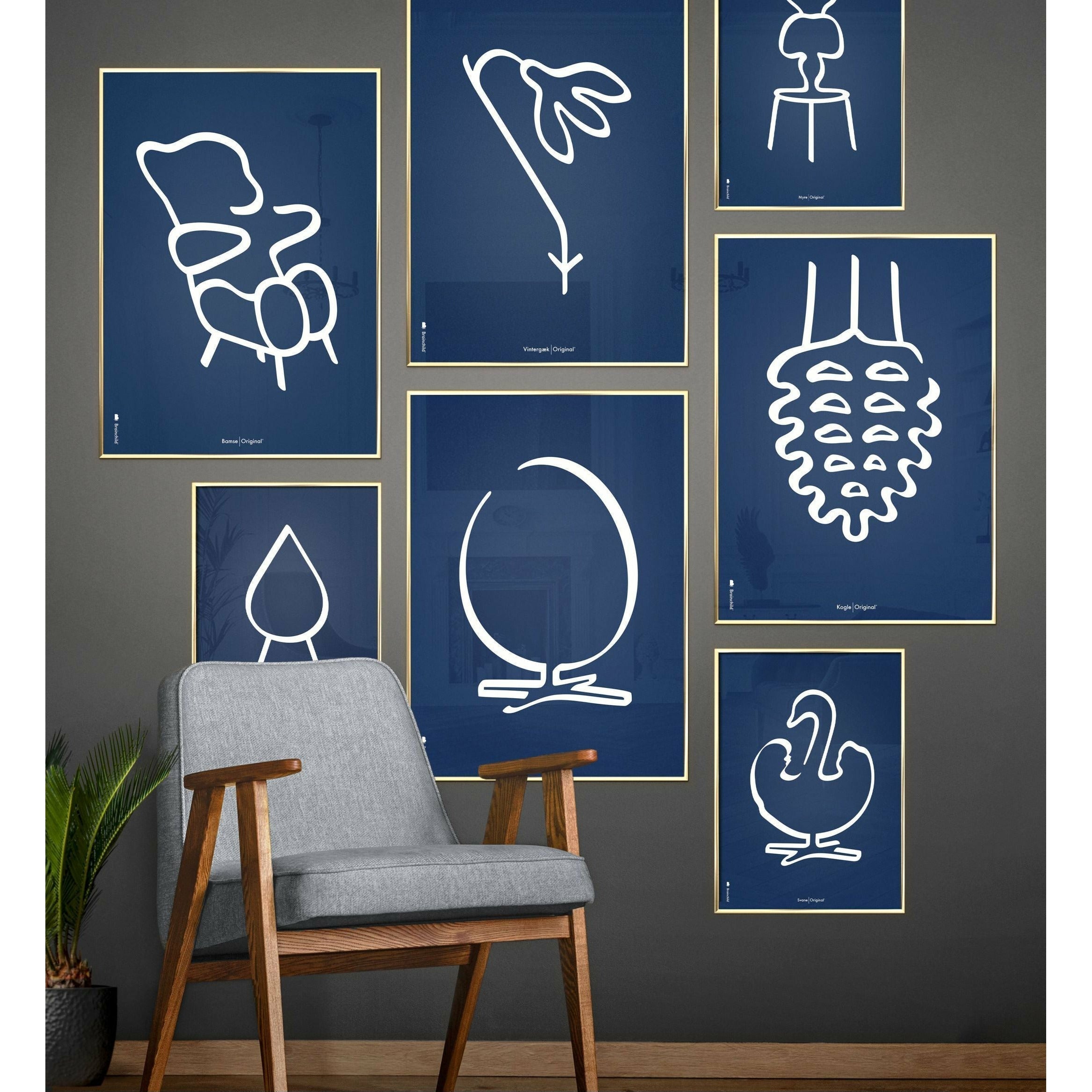 Brainchild Snowdrop Line Poster, Dark Wood Frame A5, Blue Background