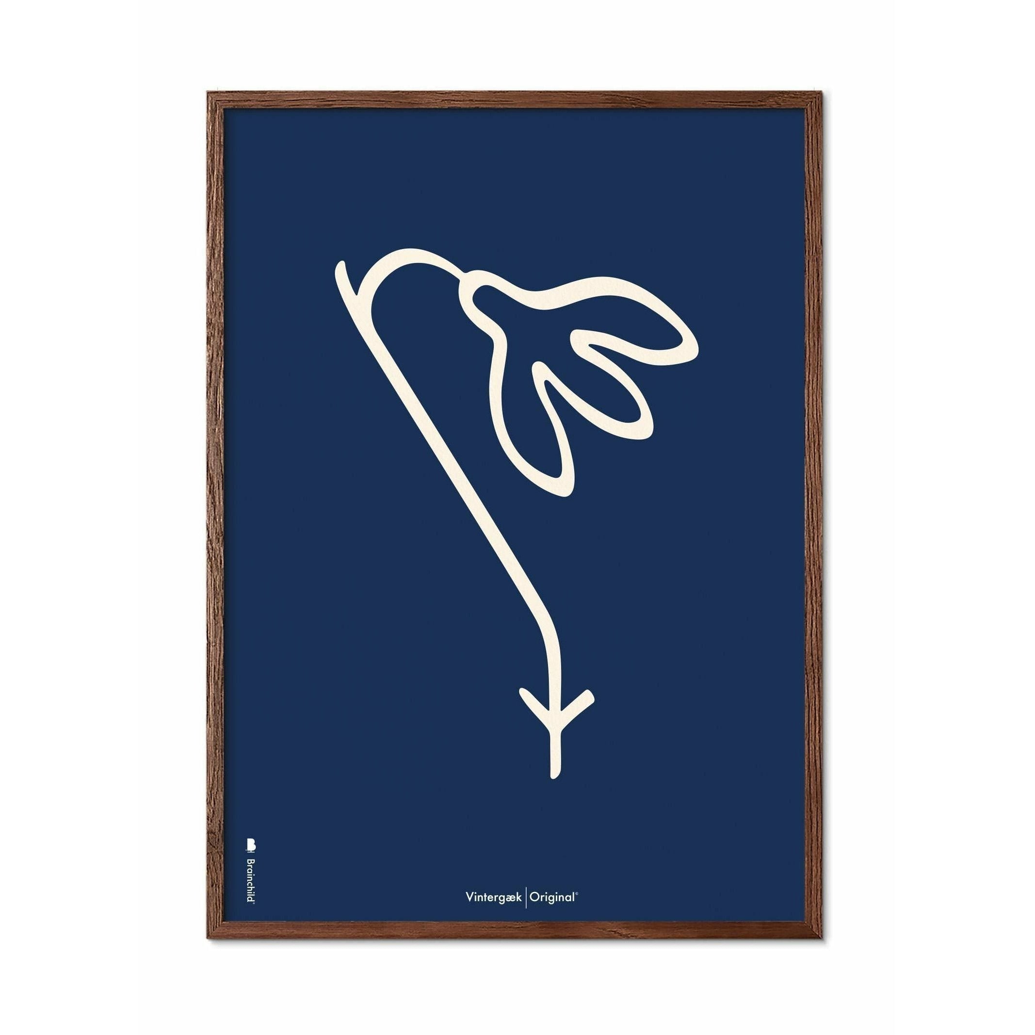 Brainchild Snowdrop Line Poster, Dark Wood Frame A5, Blue Background