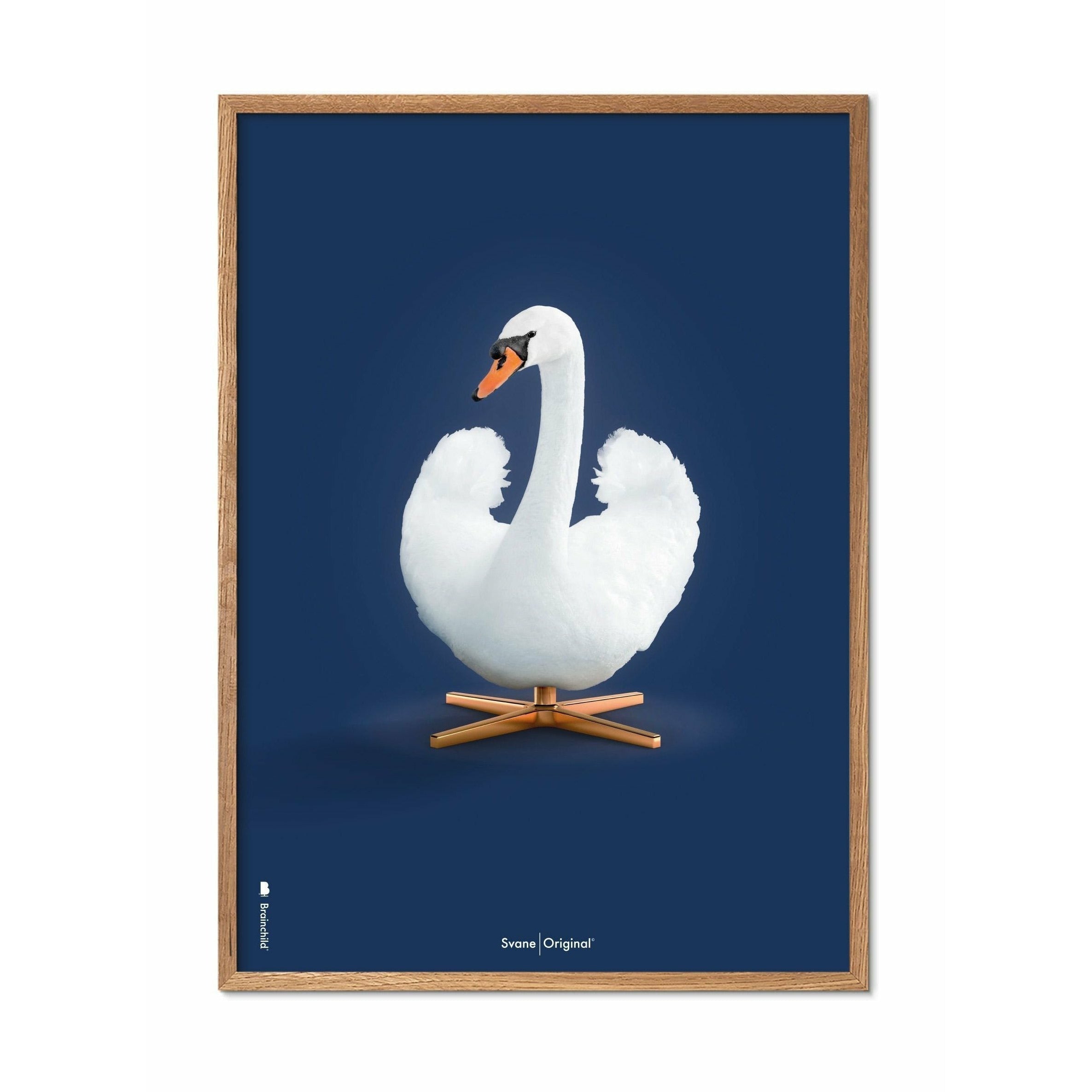 Brainchild Swan Classic Poster, Light Wood Frame A5, Dark Blue Background