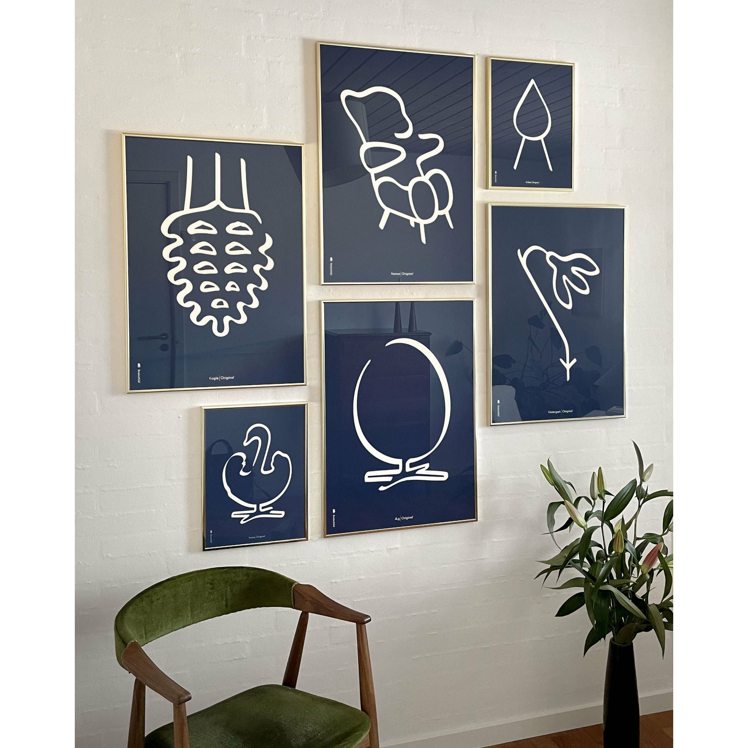 Brainchild Swan Line Poster, Brass Colored Frame A5, Blue Background