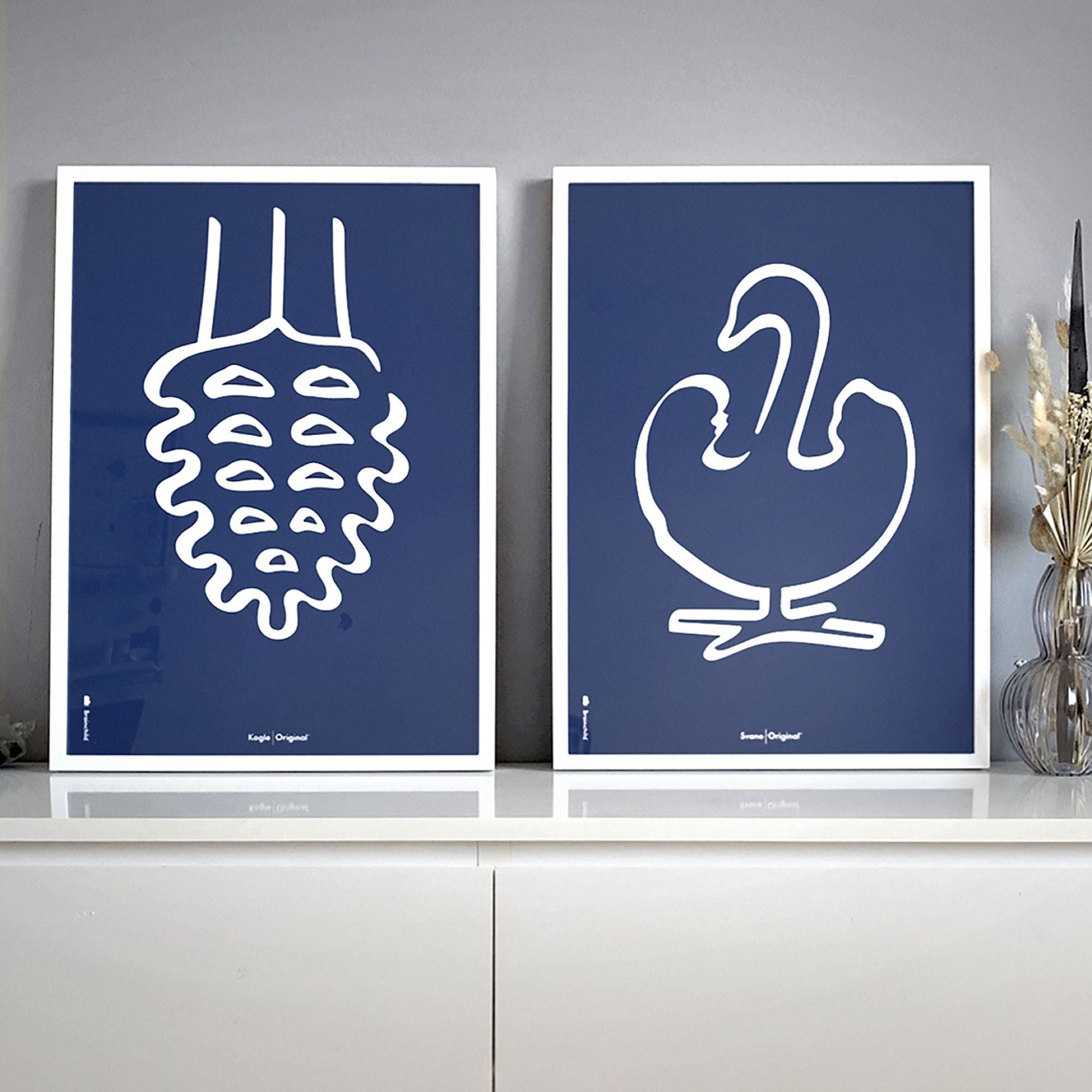 Plakát s labutí labutí mosazi, mosazný barevný rám A5, modré pozadí