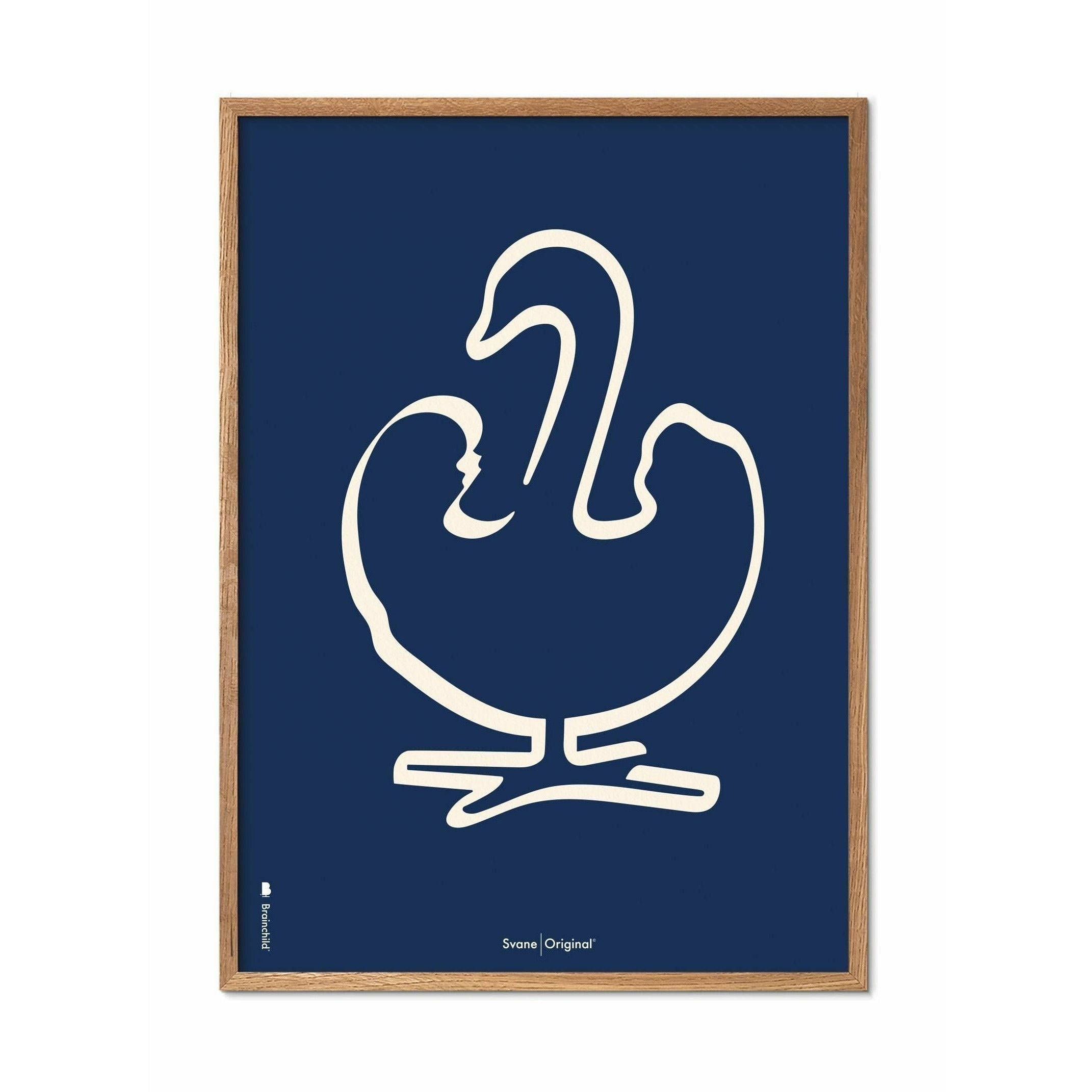 Brainchild Swan Line Poster, Frame Made Of Light Wood 70 X100 Cm, Blue Background