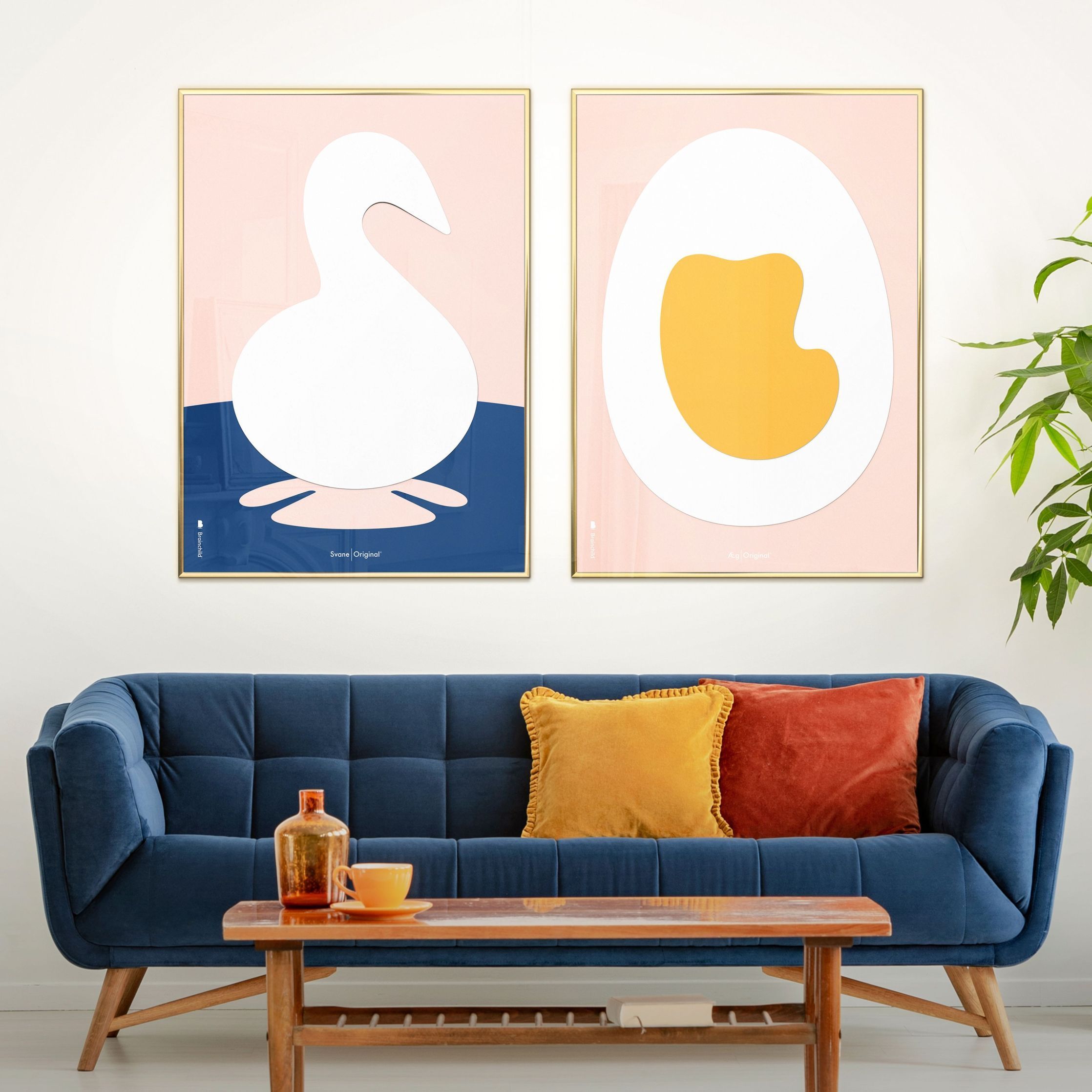 Brainchild Swan Paper Clip Poster, Dark Wood Frame A5, Pink Background