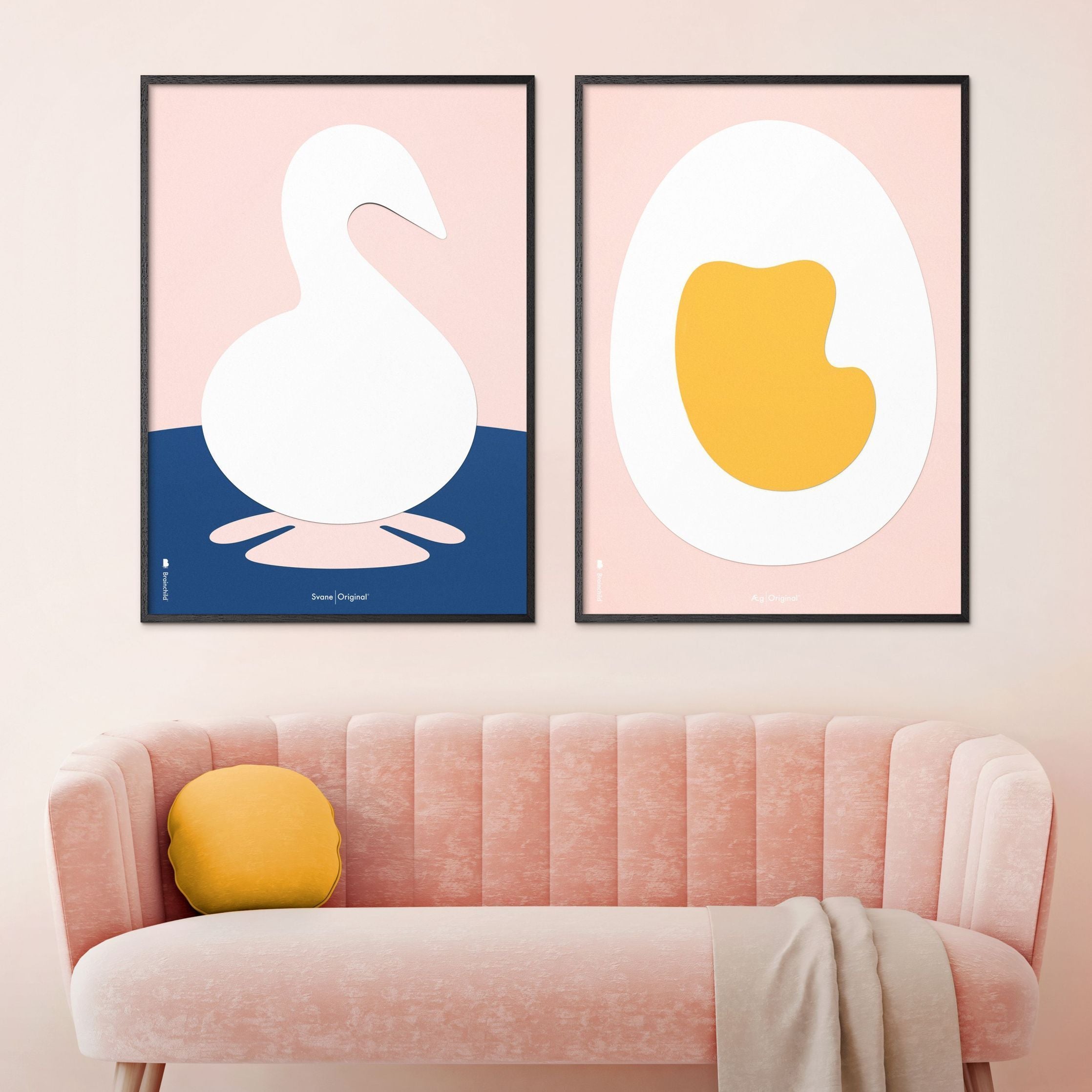 Brainchild Swan Paper Clip Poster, Dark Wood Frame A5, Pink Background