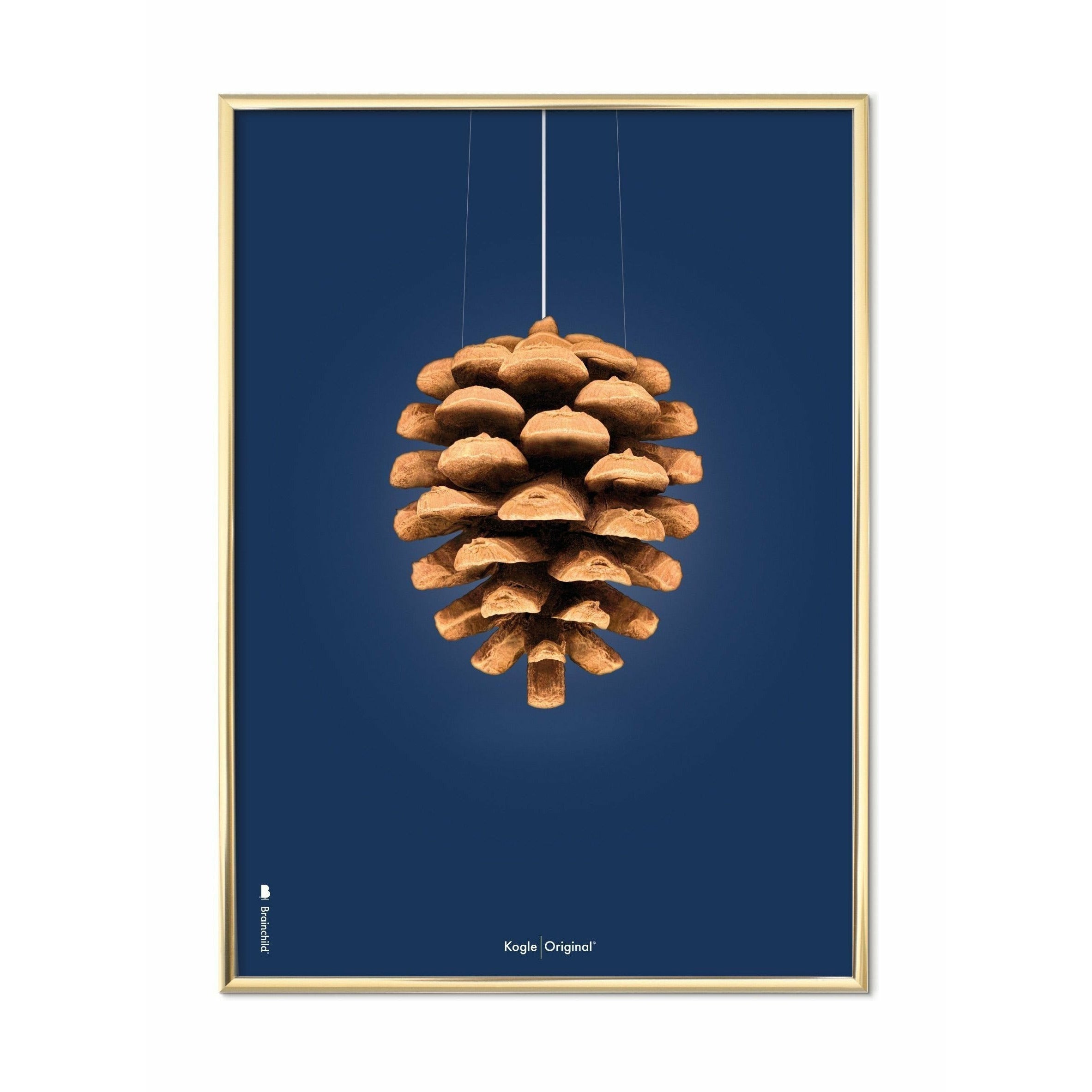Brainchild Pine Cone Classic Poster, Brass Frame 50x70 Cm, Dark Blue Background