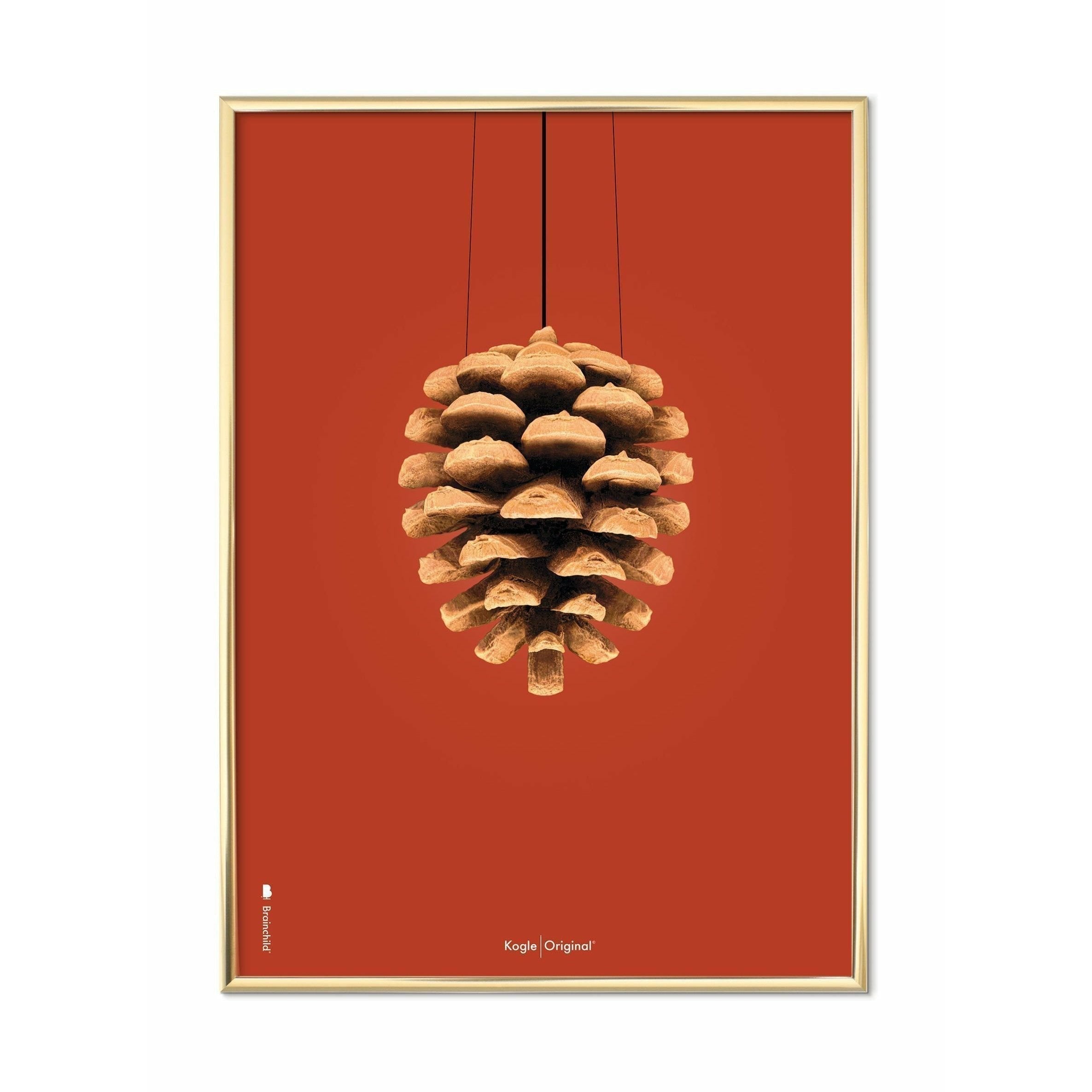 Brainchild Pine Cone Classic Poster, Brass Colored Frame A5, Red Background
