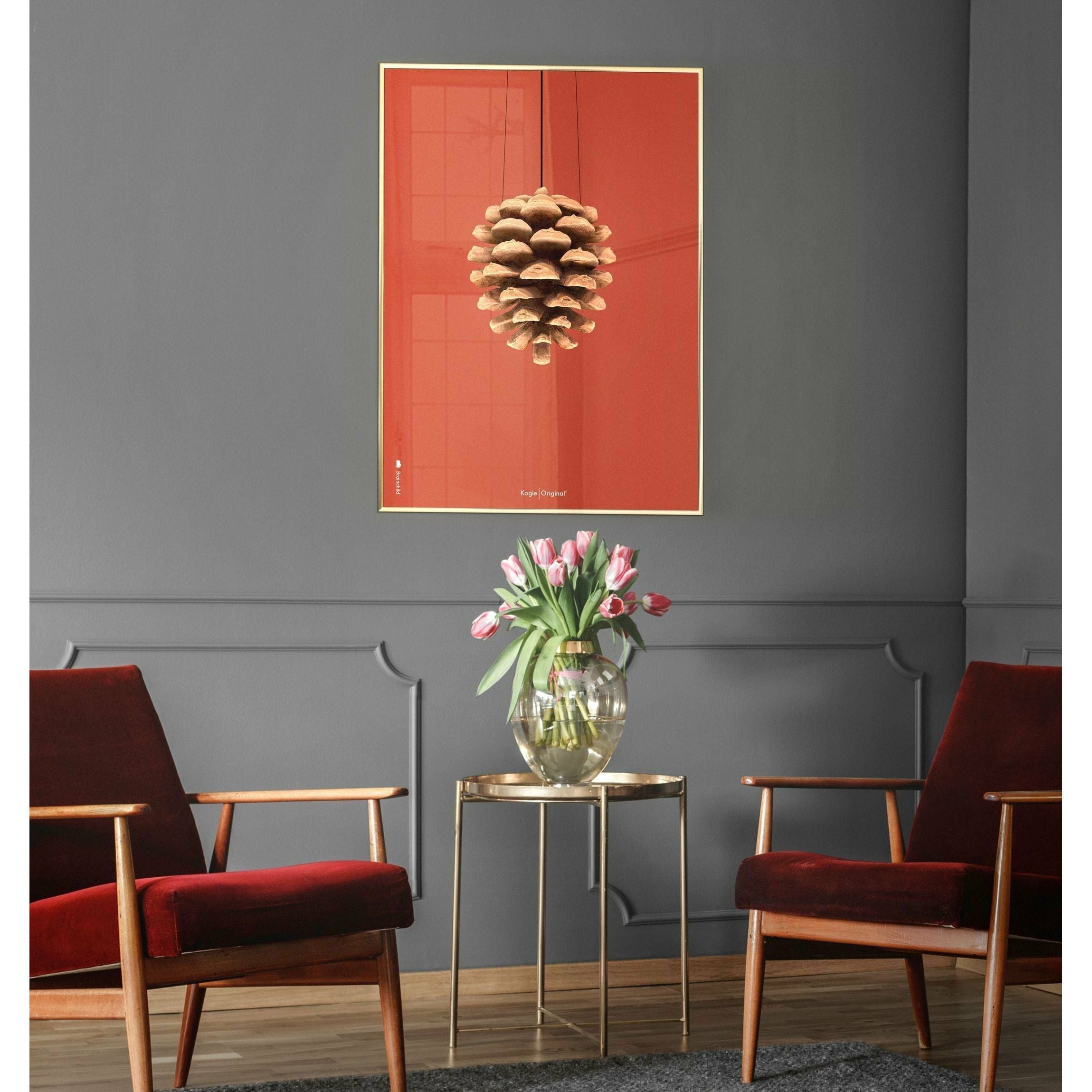 Brainchild Pine Cone Classic Poster, Dark Wood Frame 70 X100 Cm, Red Background