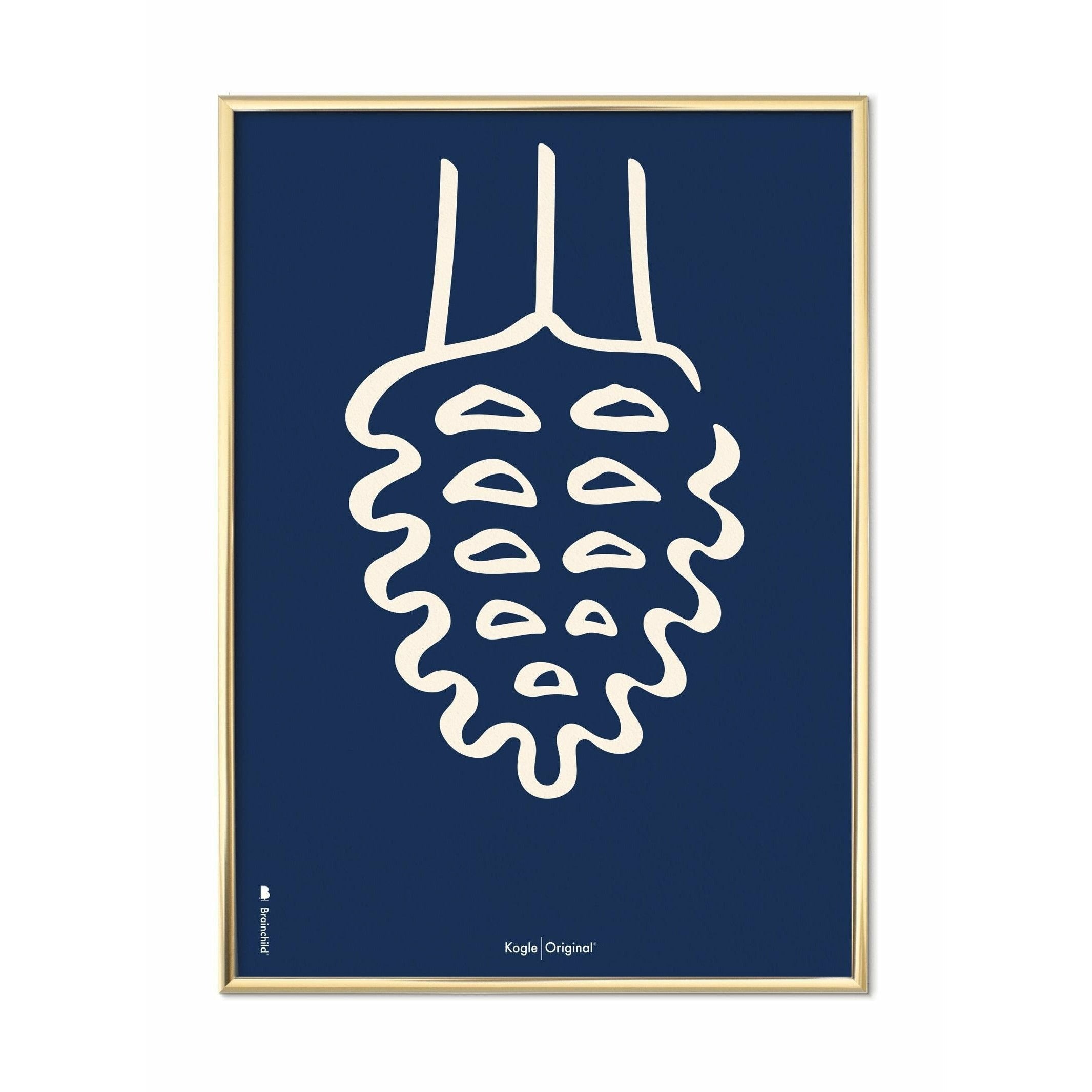 Brainchild Pine Cone Line Poster, Brass Colored Frame 30x40 Cm, Blue Background