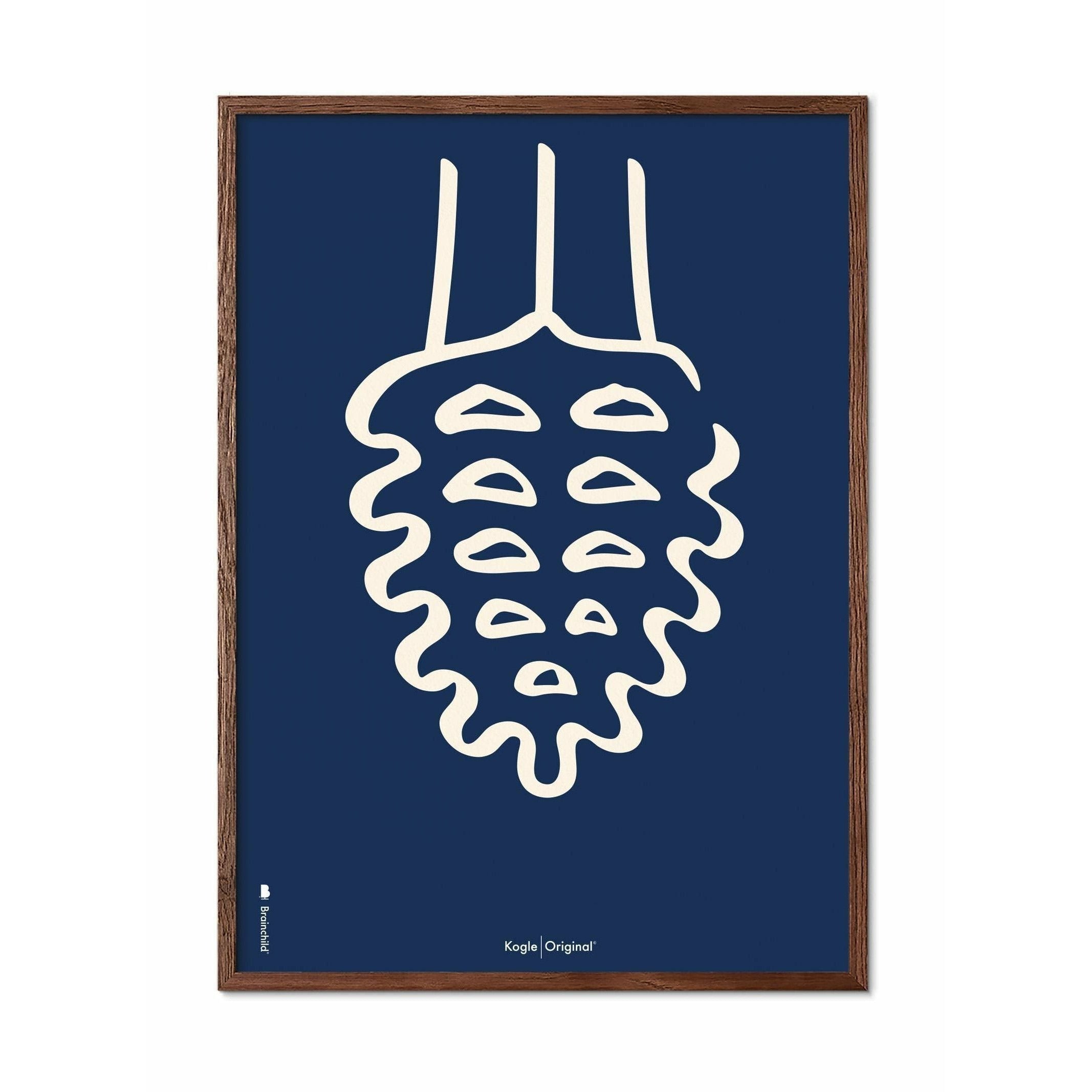 Brainchild Pine Cone Line Poster, Frame Made Of Dark Wood 70x100 Cm, Blue Background