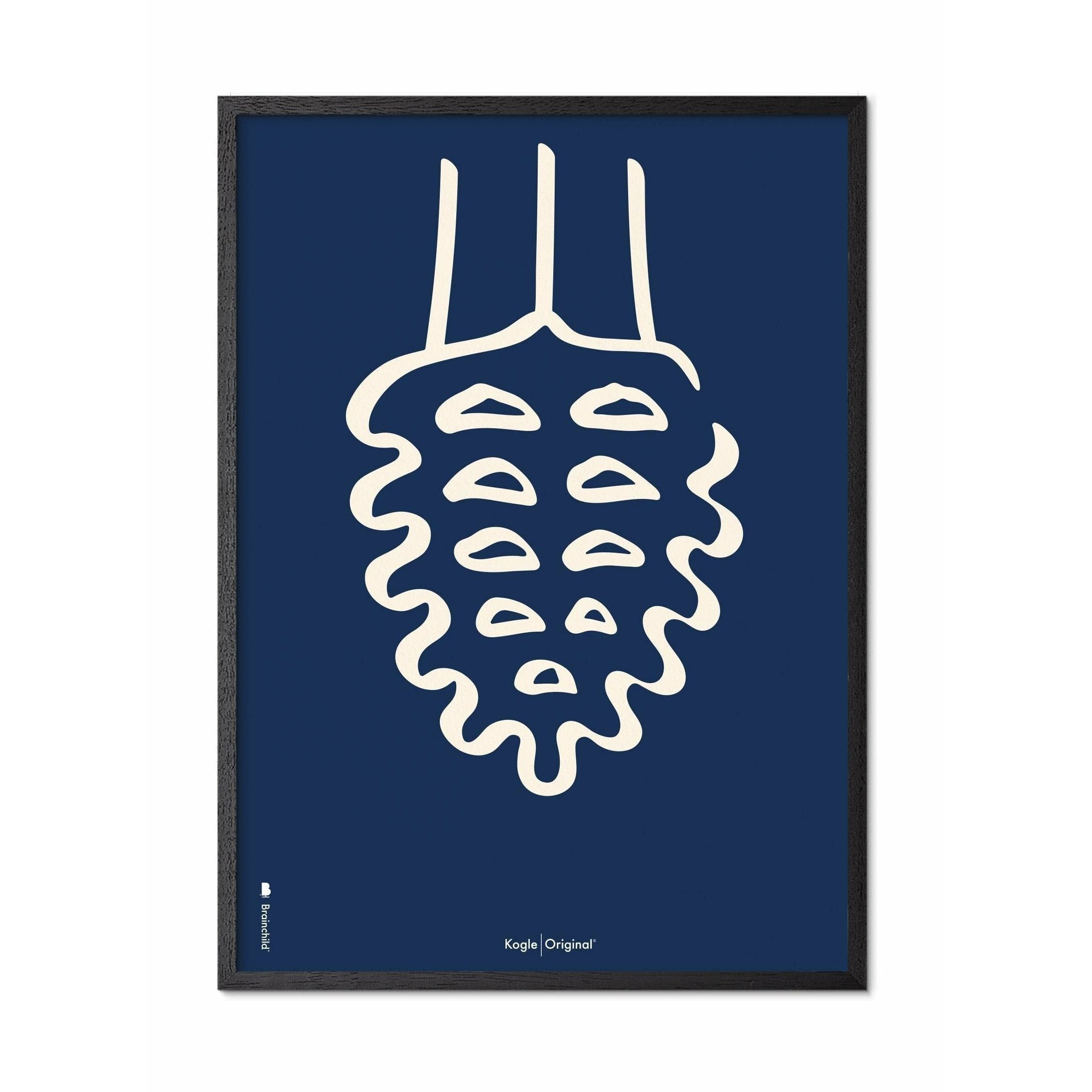 Plakát Pine Cone Line Plakát, rám v černém lakovaném dřevu 50x70 cm, modré pozadí