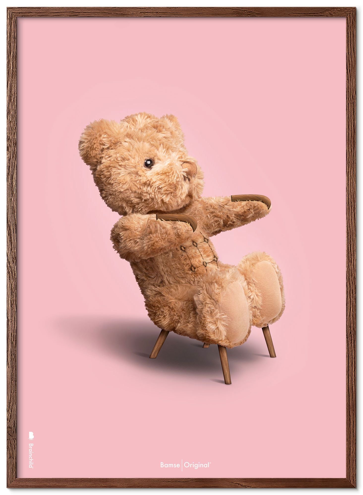 Brainchild Teddy Bear Classic plakát z plakátu vyrobený z tmavého dřeva RAM 30x40 cm, růžové pozadí