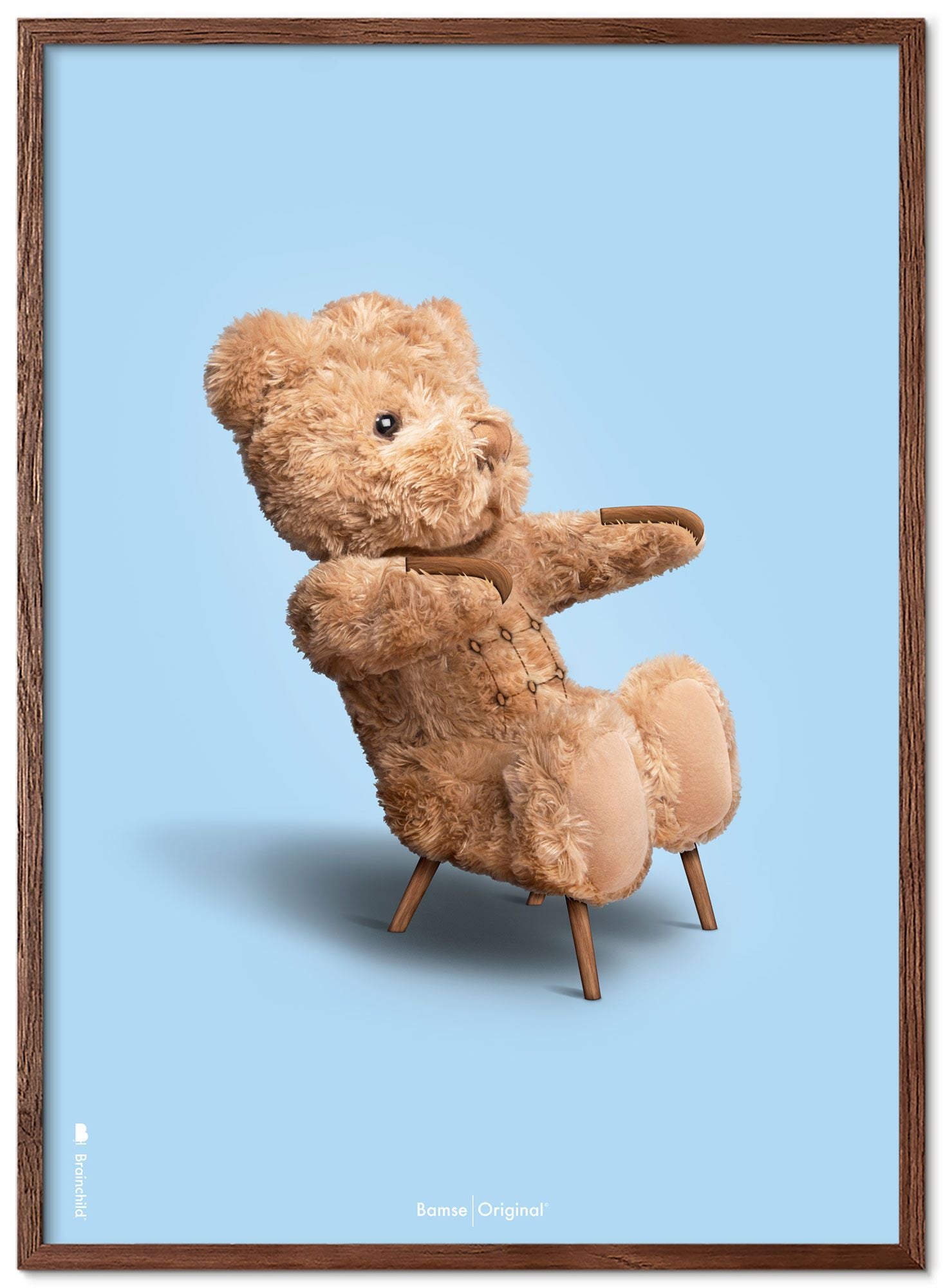 Brainchild Teddy Bear Classic plakát s tmavým dřevem rám Ram A5, světle modré pozadí