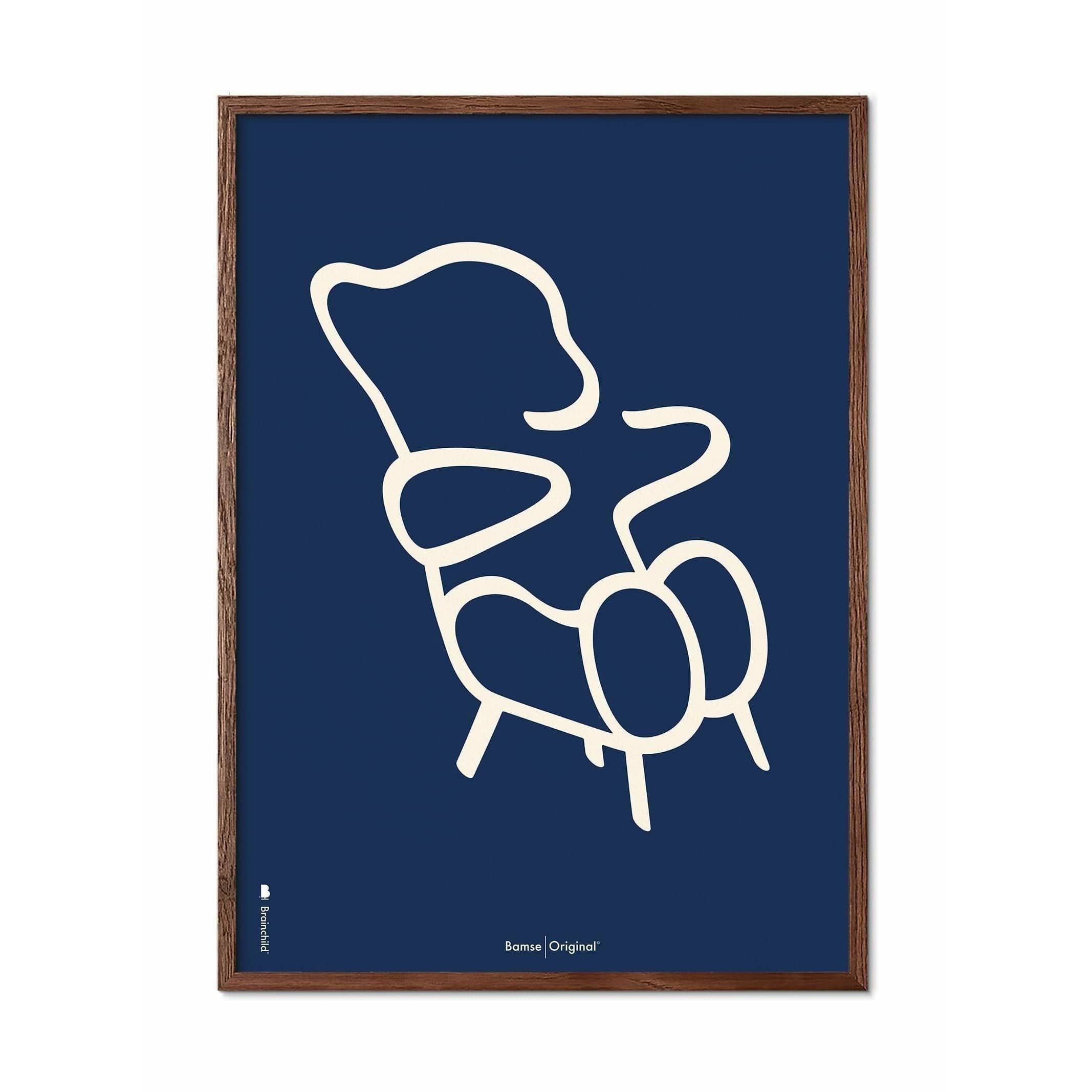 Plakát linie medvídka, rám vyrobený z tmavého dřeva 50x70 cm, modré pozadí