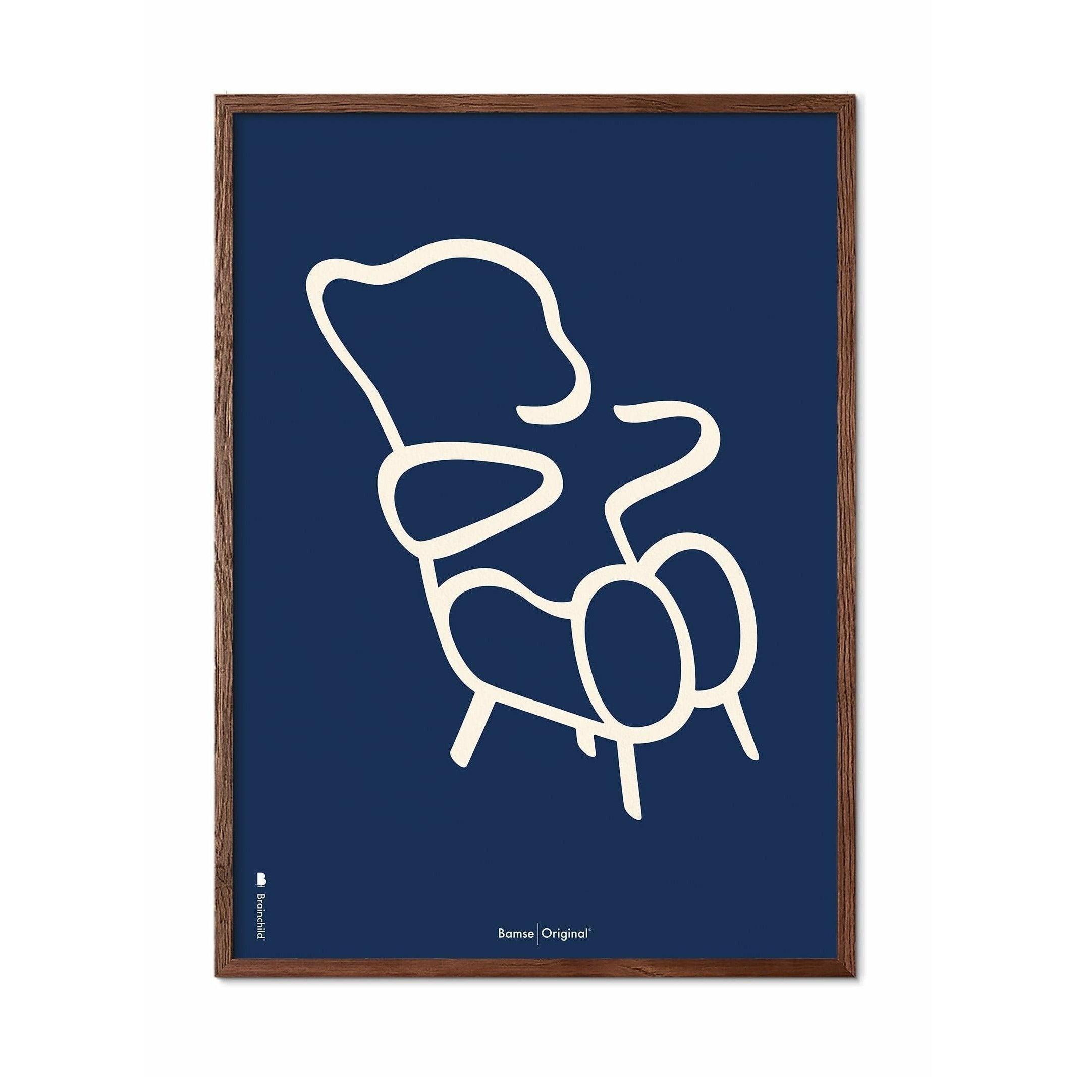 Brainchild Teddy Bear Line Poster, Frame Made Of Dark Wood A5, Blue Background