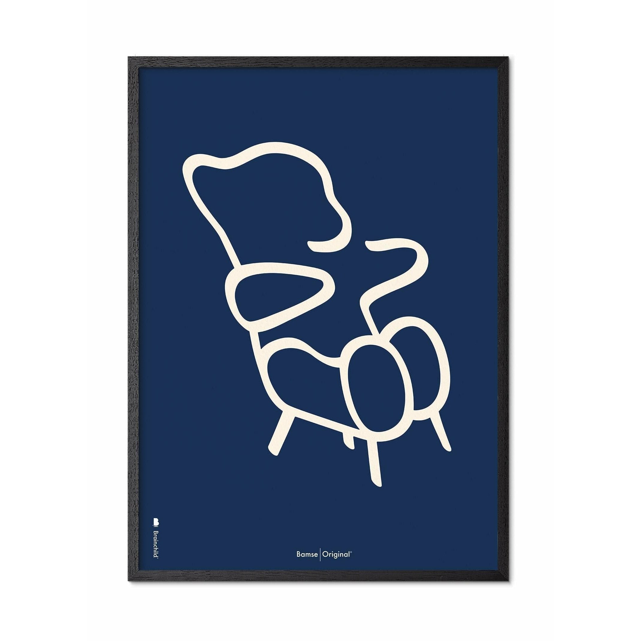 Brainchild Teddy Bear Line Poster, Frame In Black Lacquered Wood 30x40 Cm, Blue Background