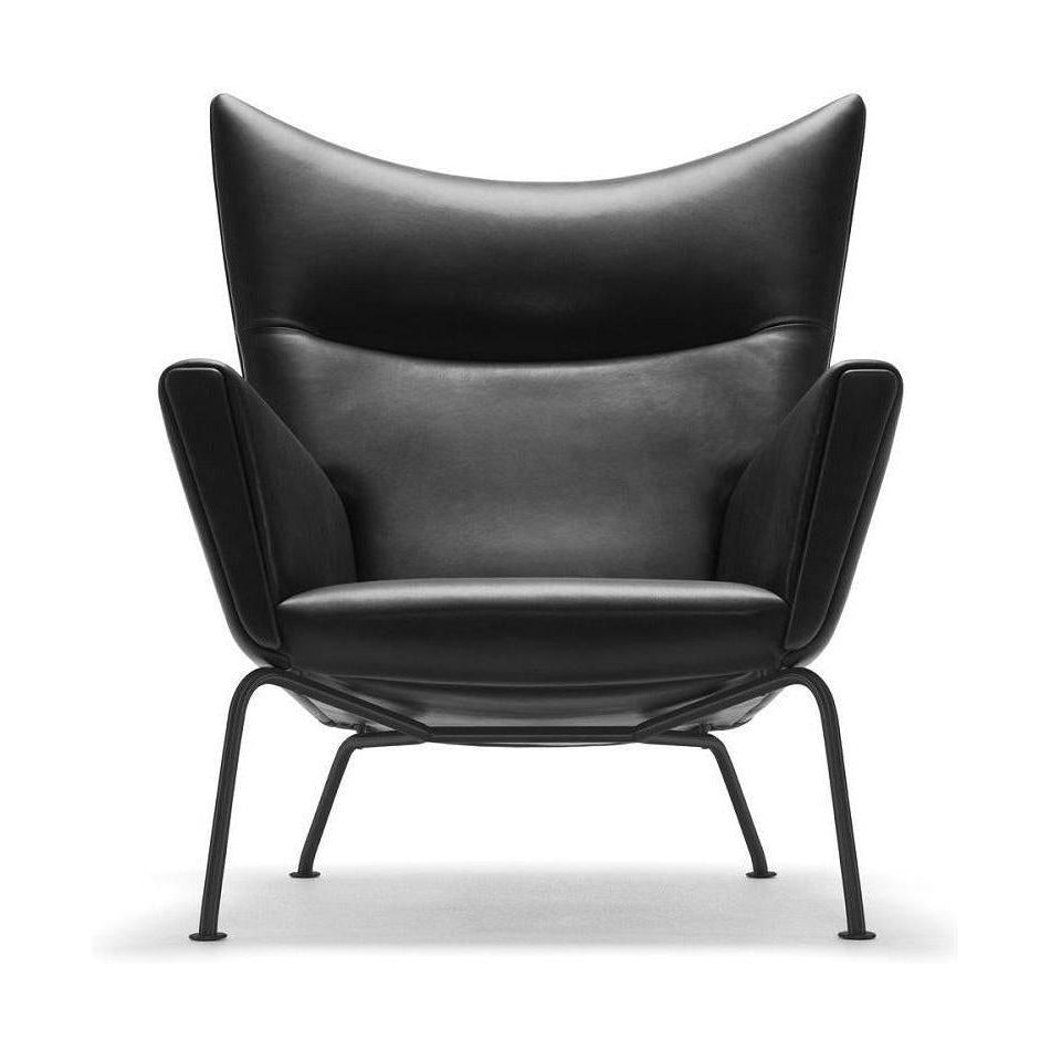 Křídlá židle Carl Hansen CH445, ocel/černá kůže