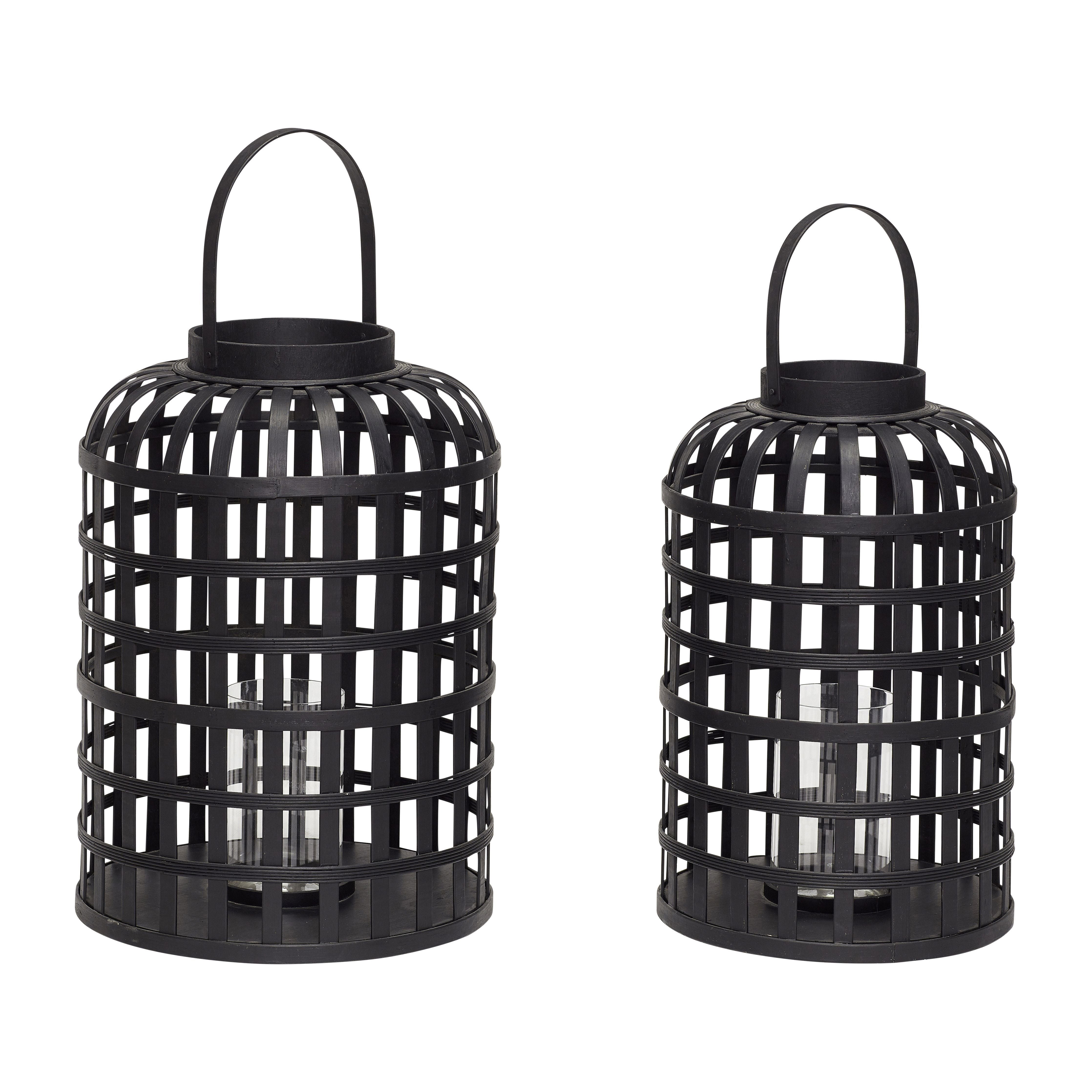 Hübsch Grid Lantern Round Bambus Black Set 2
