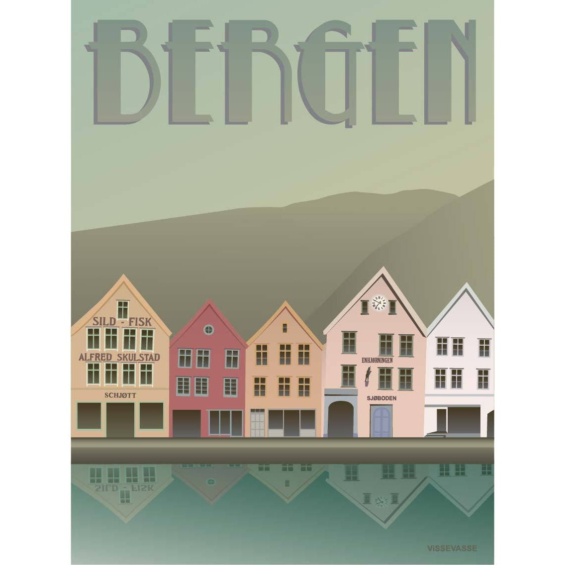 Vissevasse Bergen Bryggen plakát, 15 x21 cm